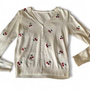 Cherry Embroidered White Cardigan